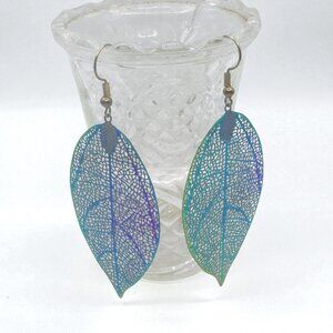 Iridescent Leaf Skeleton Dangle Earrings With Fishhook Closure -Lightweight Boho